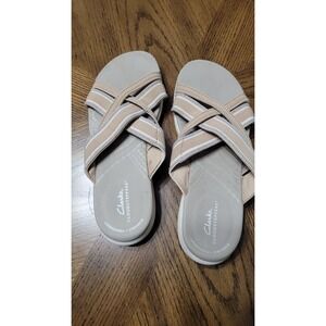 Clarks Cloudsteppers Arla Glade Womens Sandal Beige White Stripe Sz 6